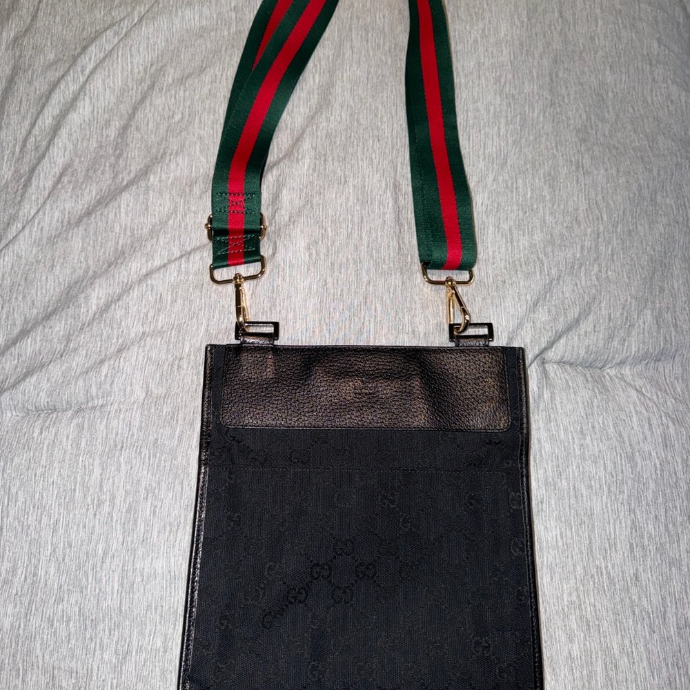 Gucci Black Messenger Bag with Signature Green and Red Strap